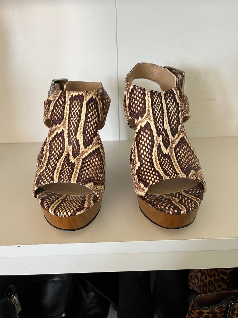 Michael Kors Brown and Cream Snake-Print Platform Sandals